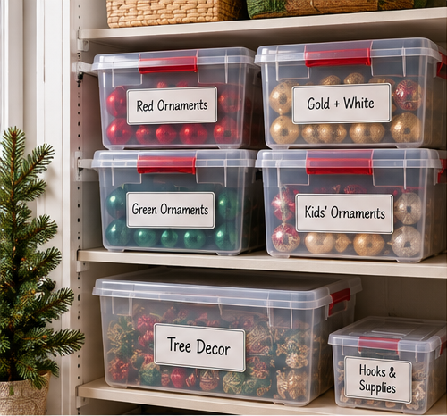 Christmas ornament storage boxes organized on a small closet shelf