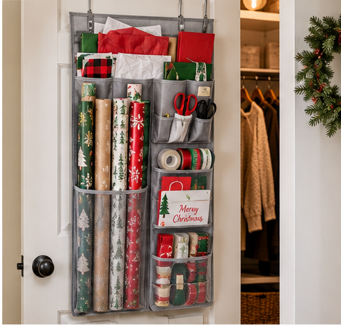 Over-the-door wrapping paper organizer holding rolls bags ribbon and tools