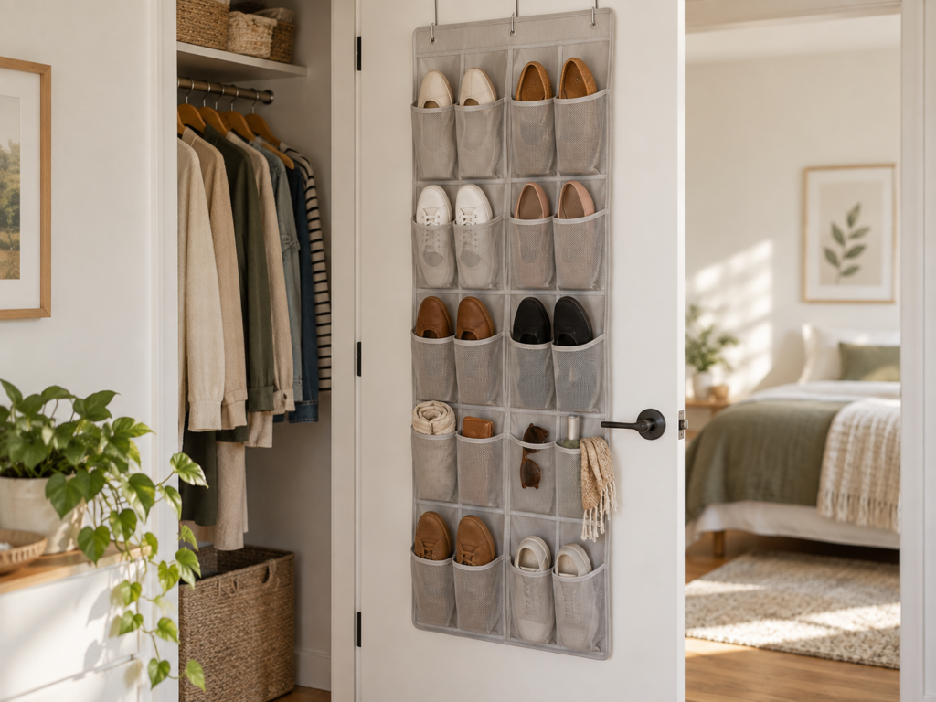 Over-the-door organizer used for vertical storage in a small space