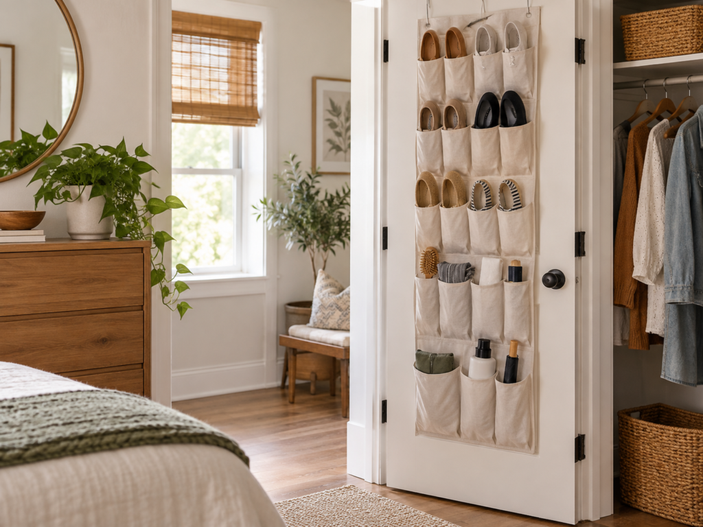Over-the-door storage in a small apartment