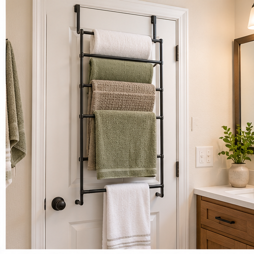 Over-the-door towel rack in a small bathroom