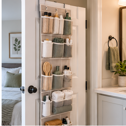 Over-the-door organizer holding bathroom and household supplies