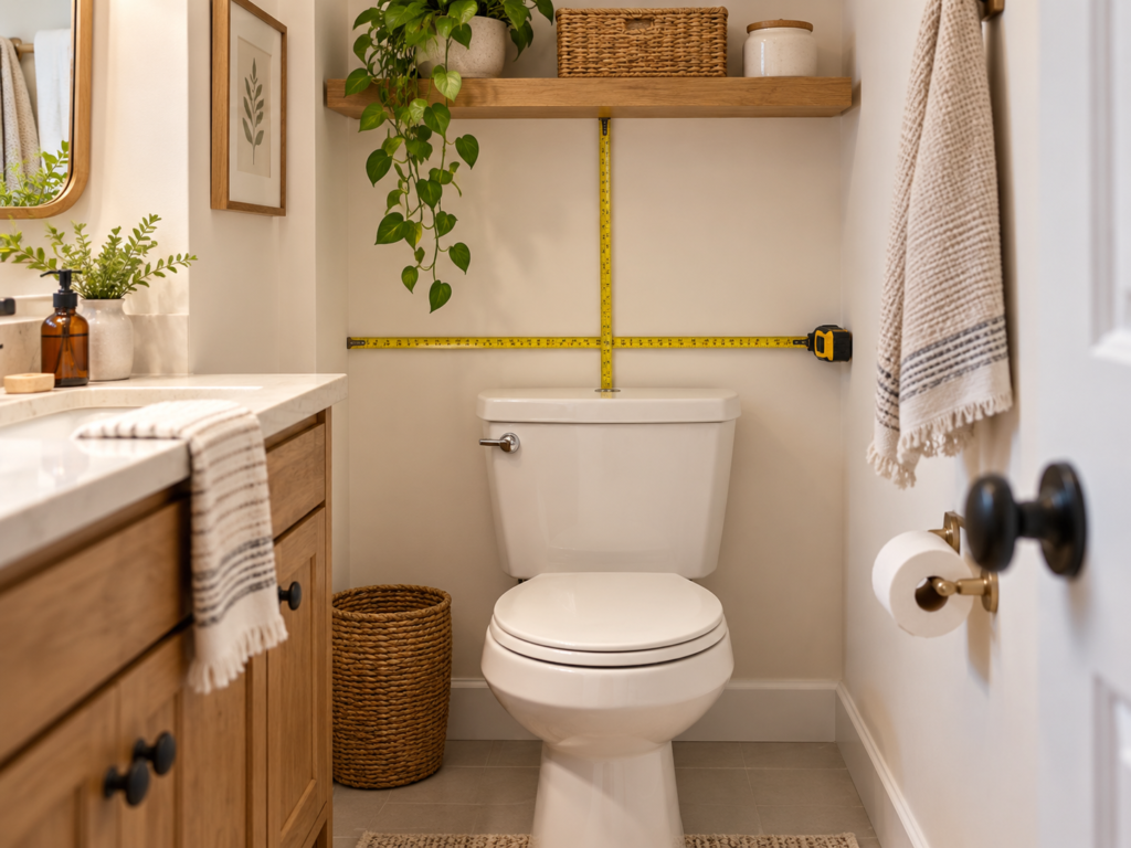 Measuring wall space above a toilet for over-the-toilet storage clearance