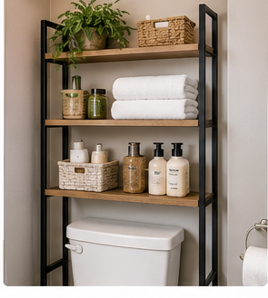 Over-the-toilet storage unit with towels, baskets and toiletries