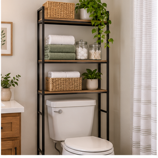 Over-the-toilet towel storage in a small bathroom