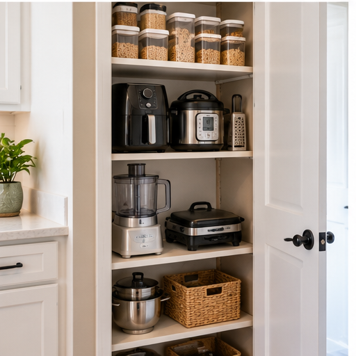 Small kitchen appliances stored on pantry shelves