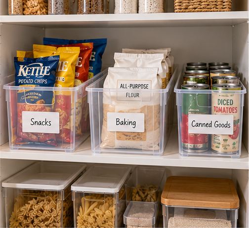 Clear pantry bins organizing snacks, baking supplies and canned goods