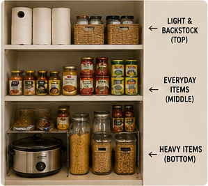 Pantry with lightweight items above, everyday food in the middle and heavy items below