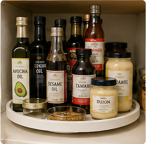 Pantry turntable holding bottles, sauces and jars on a deep shelf