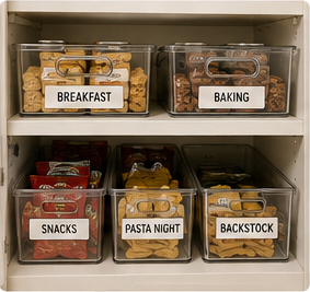 Deep pantry organized into labeled food storage zones