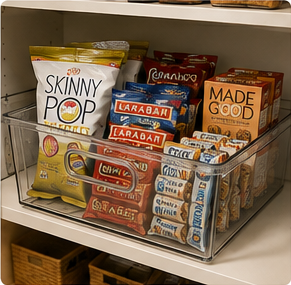 Clear pull-out pantry bin holding snacks on a deep shelf