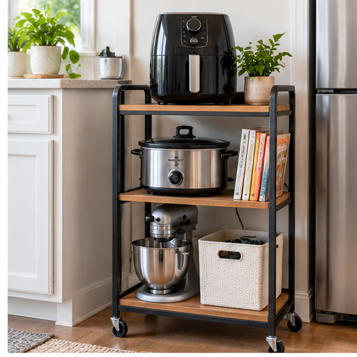 Deep lower kitchen cabinet fitted with a pull-out shelf holding a pressure cooker and blender for easier access.