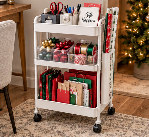 Narrow rolling cart organized with wrapping paper ribbon gift bags and wrapping tools