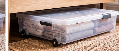 Rolling under-bed storage container with wheels
