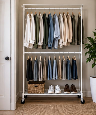 Rolling double rod clothes rack for a small closet