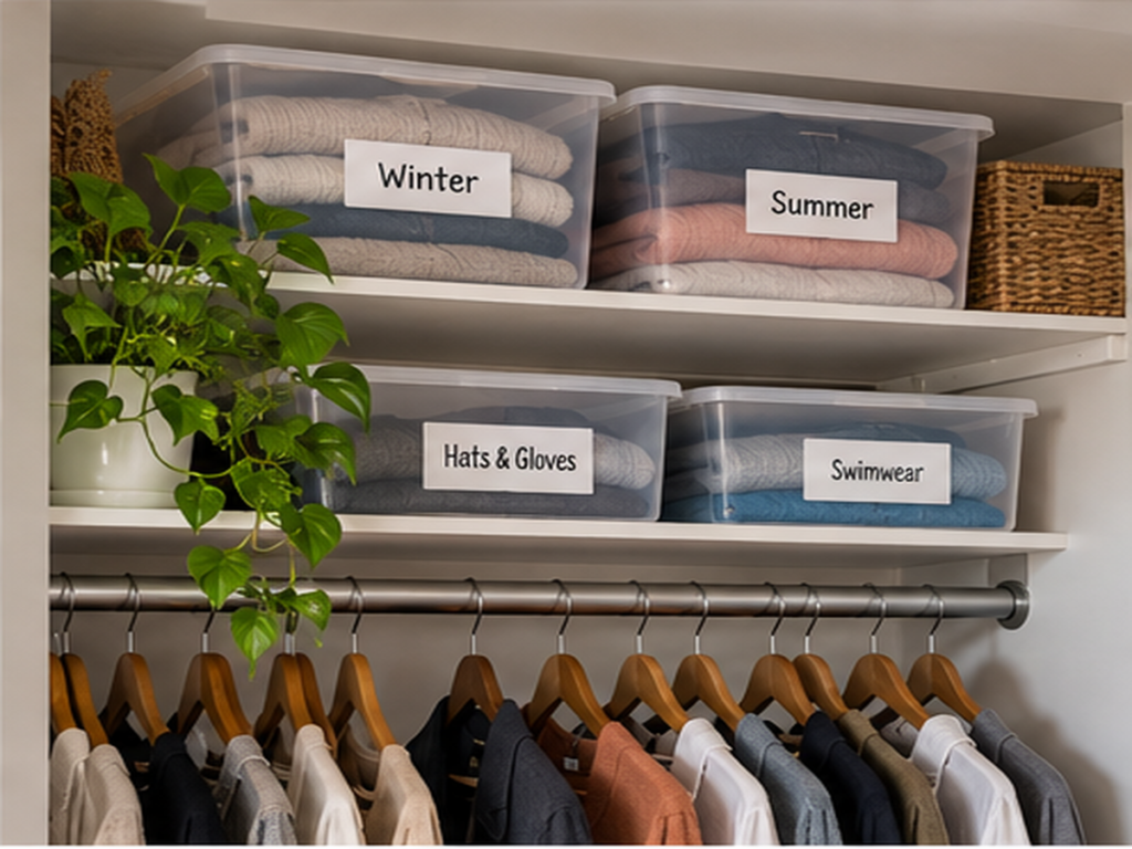 Seasonal clothing stored in labeled bins on upper shelving