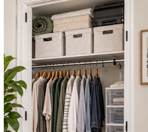 Seasonal storage on upper shelves in a small apartment closet