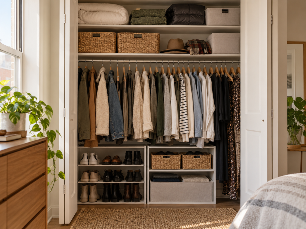 Seasonal storage on upper closet shelves in a small apartment
