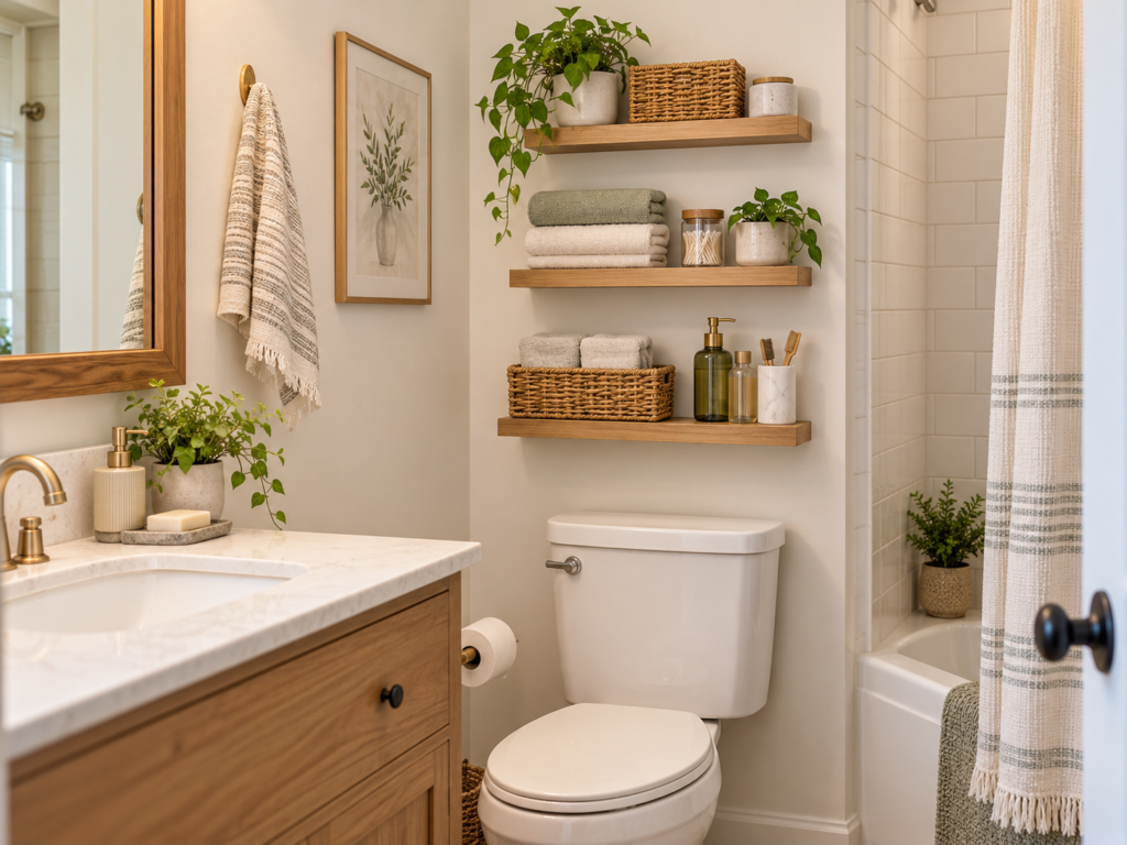Shallow floating shelves above a toilet with towels, baskets, and toiletries