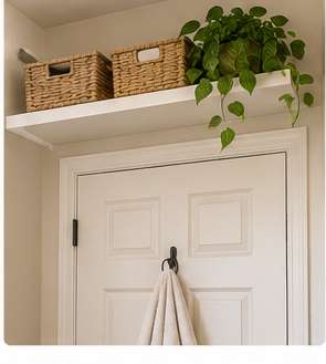 Shelf above bathroom door with baskets and extra supplies
