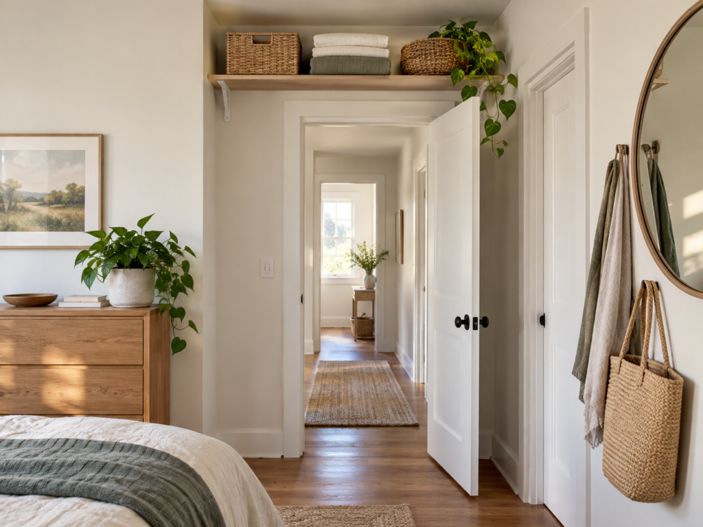 Shelf above a doorway used for vertical storage
