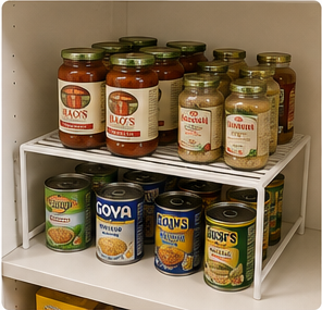 Pantry shelf riser organizing cans and jars on two levels