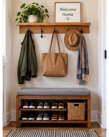 Compact shoe storage bench in a small entryway