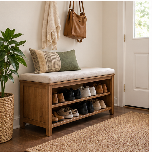 Shoe storage bench in a small entryway