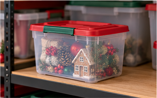 Small lightweight Christmas storage tote on a shelf