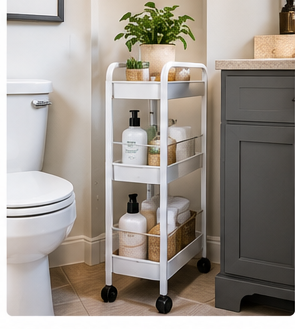 Slim rolling bathroom cart in narrow space beside toilet
