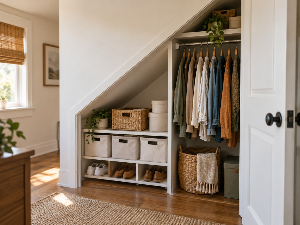Sloped ceiling closet using low shelves, bins, and shoe storage
