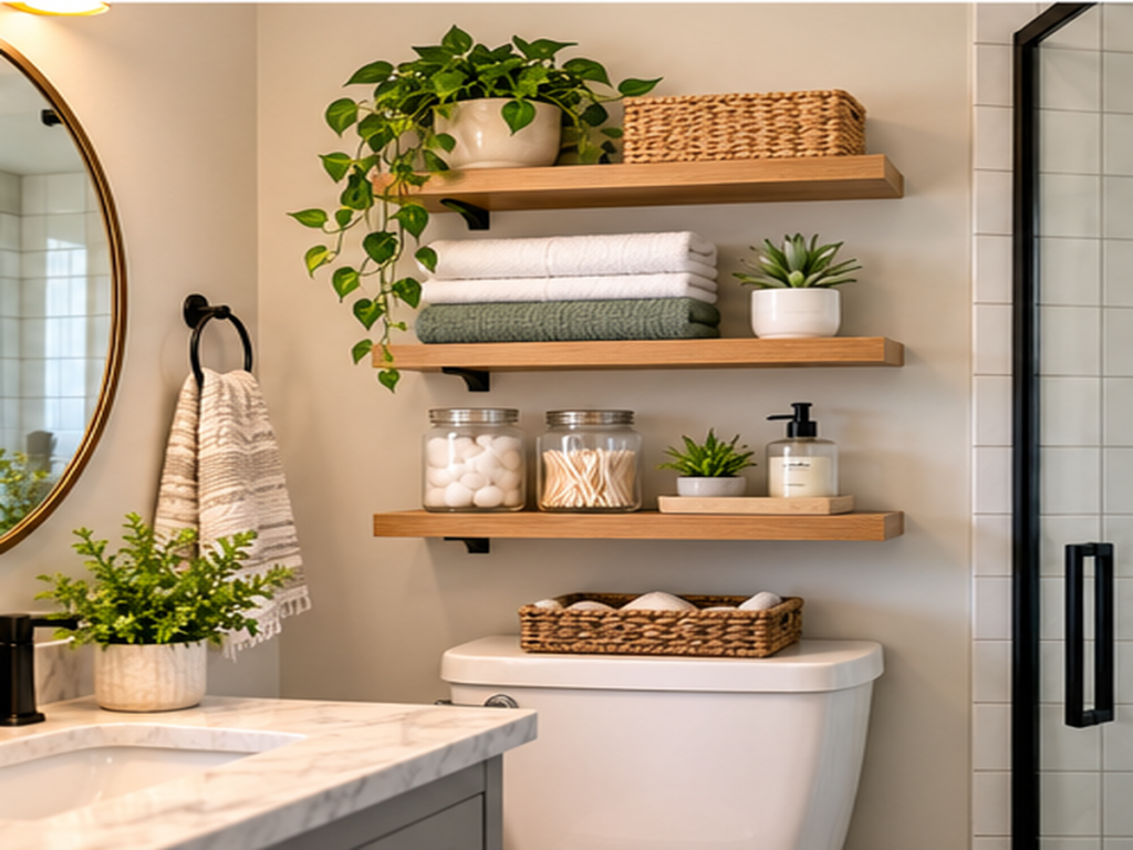 Lightly filled floating bathroom shelves with towels, baskets, toiletries, and open space