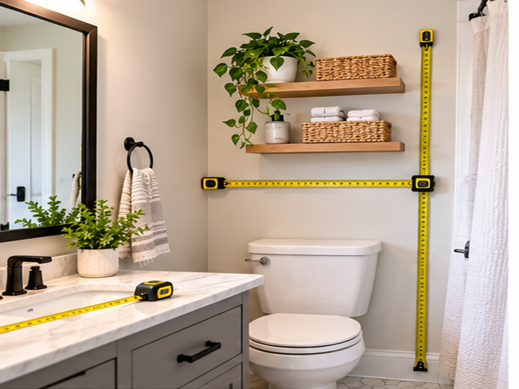 Measuring several wall areas in a small bathroom for shelving placement