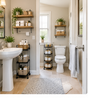 Small bathroom with shelves, rolling cart and wall storage