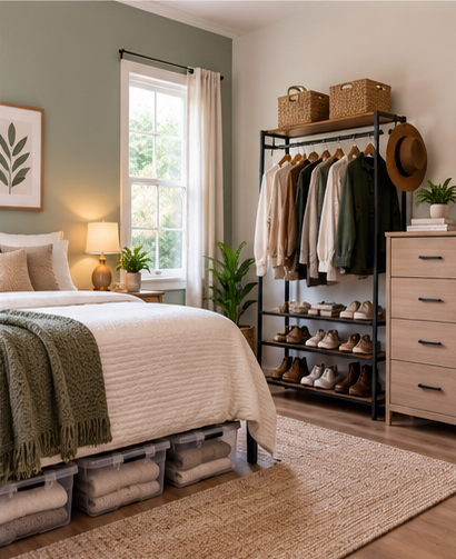 Small bedroom with no closet using a garment rack, dresser and under-bed storage
