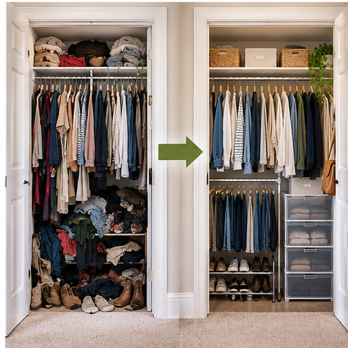 Before and after comparison of an overcrowded and organized small closet