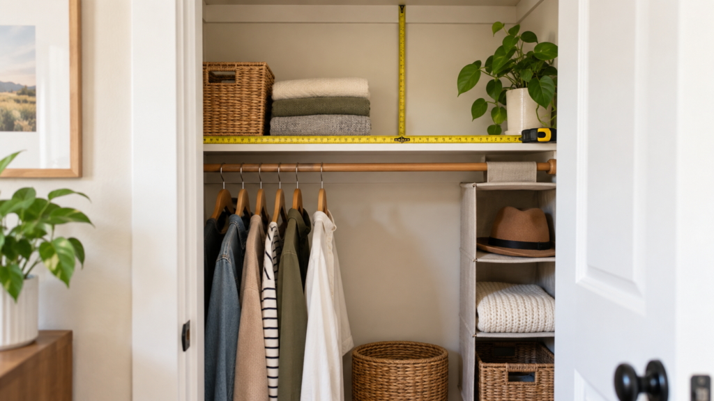 Measuring a small reach-in closet for shelf width, depth, and vertical space