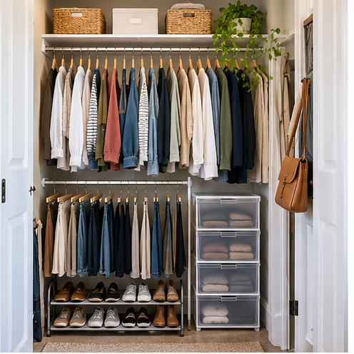 Organized small closet with double hanging rods, drawers, bins and shoe storage