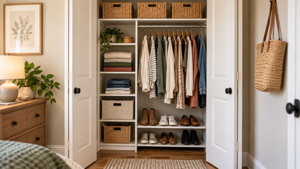 Finished small closet with shelf tower, upper bins, hanging clothes, and shoe storage. Small closet shelving