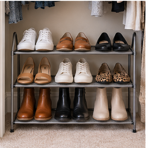 Multi-level shoe rack organizing shoes on a small closet floor