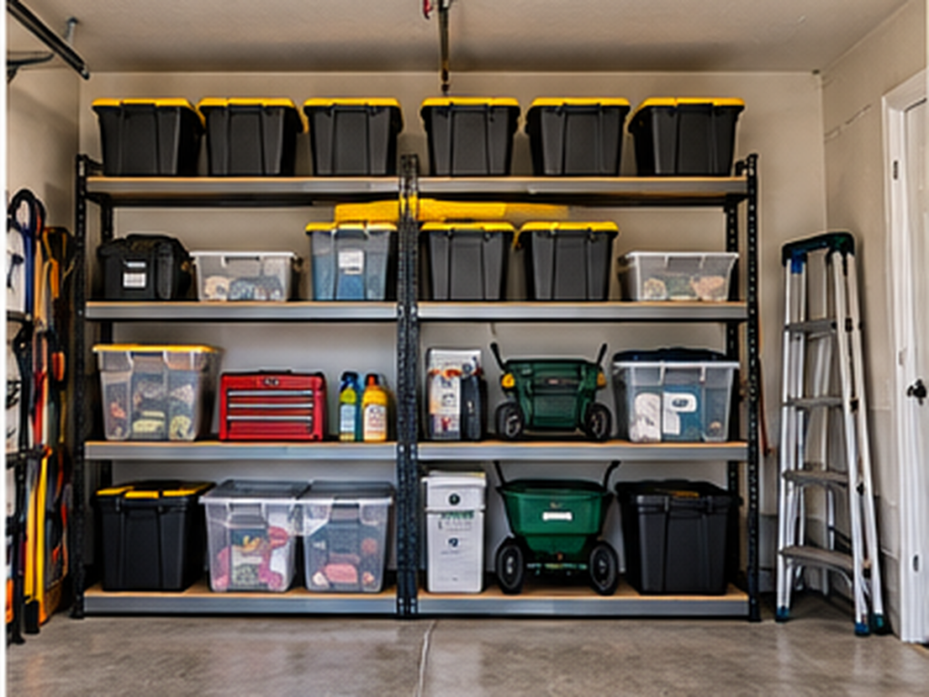 Deep garage shelving on the back wall with storage bins and clear parking space