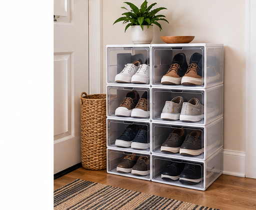 Stackable shoe organizer in a small entryway