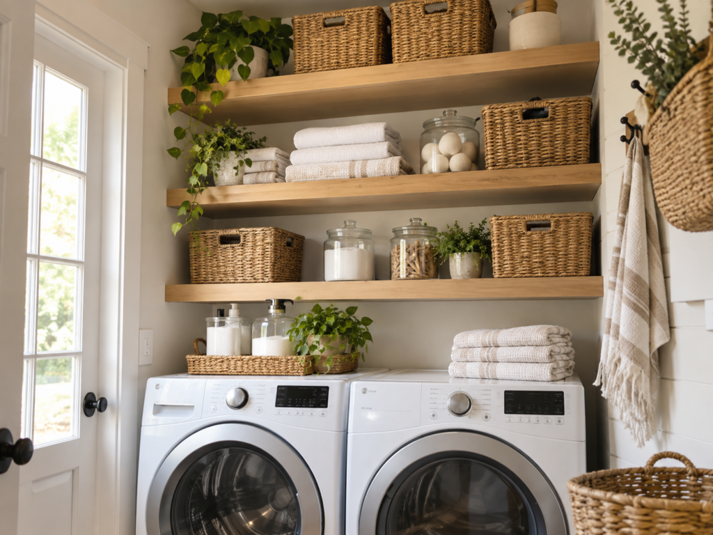 Stacked open laundry room shelves using wall space above front-load machines