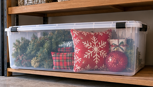 Extra-large clear storage bin holding bulky Christmas decorations
