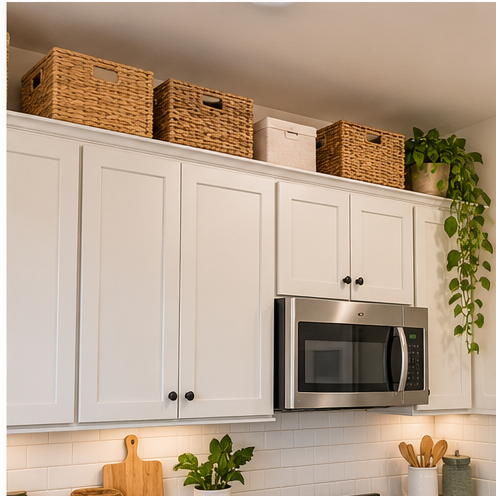 Storage baskets arranged above kitchen cabinets