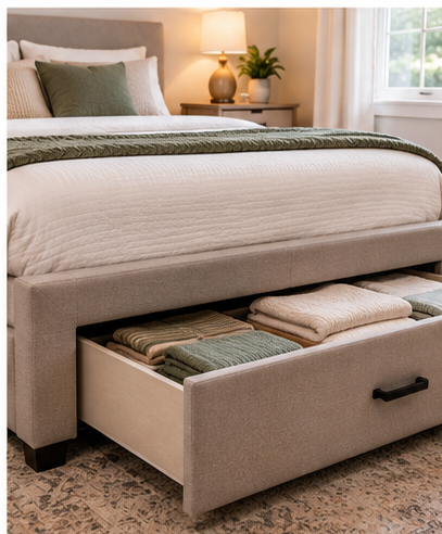 Storage bed with drawer pulled open holding folded clothes and bedding