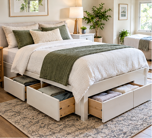 Bed with built-in drawers storing folded clothes and bedding