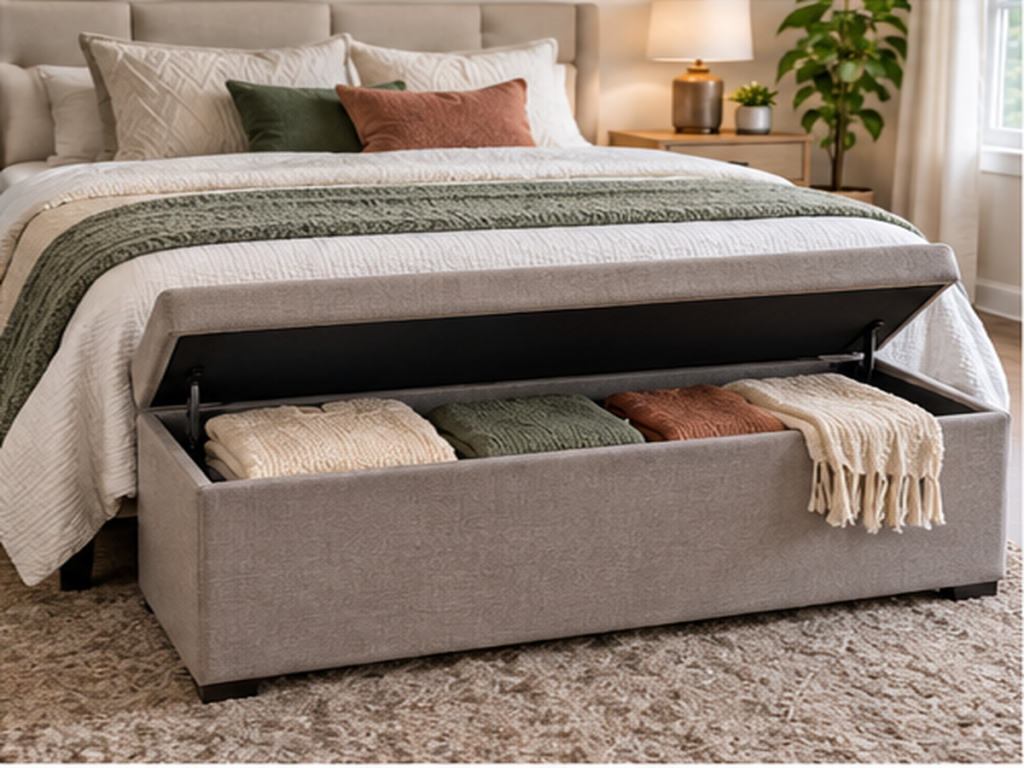 Storage bench at the foot of a bed holding folded seasonal clothing