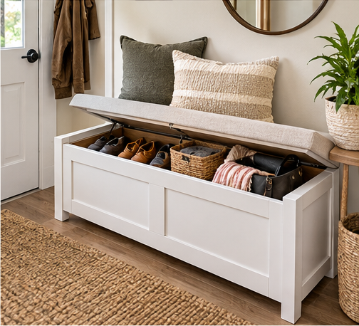Entryway storage bench open with shoes, bags and accessories inside