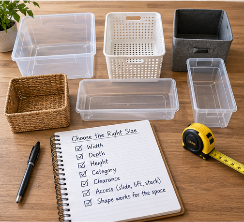 Storage bins beside tape measure and checklist for width, depth, height and clearance